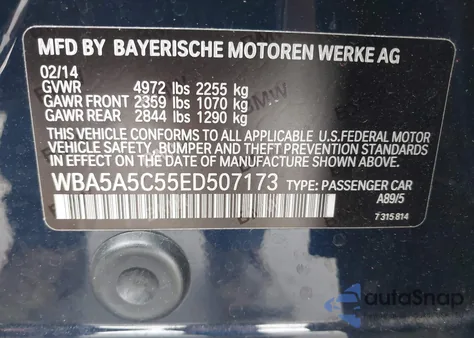2014 BMW 528I from USA, damaged, VIN WBA5A5C55ED507173